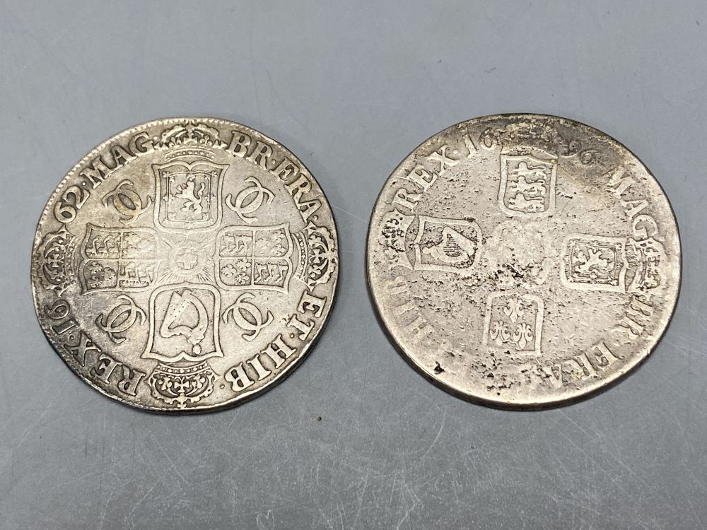 Charles II Crown 1662, first draped bust with rose below, edge undated, F/GF and a William III silver crown 1696, G with haymarking